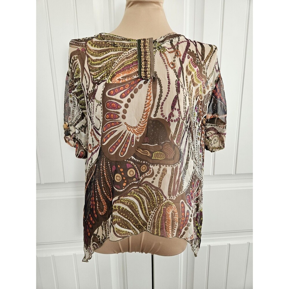 Burning Torch 100% Sheer Silk Top With Wooden Beads Size M
